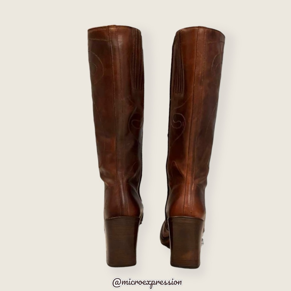 VINTAGE 1970S Frye Conrad Swirl Stitch Embroidered Cognac Brown Tall Knee Boots - Picture 9 of 15